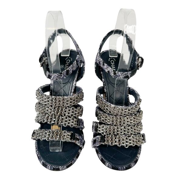 CHANEL Tweed Strappy Chain Interlocking CC Heeled Sandals - Picture 3 of 14